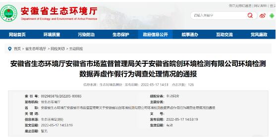 安徽省皖創(chuàng)環(huán)境檢測有限公司因存在環(huán)境監(jiān)測數(shù)據(jù)弄虛作假行為被責(zé)令停業(yè)整頓